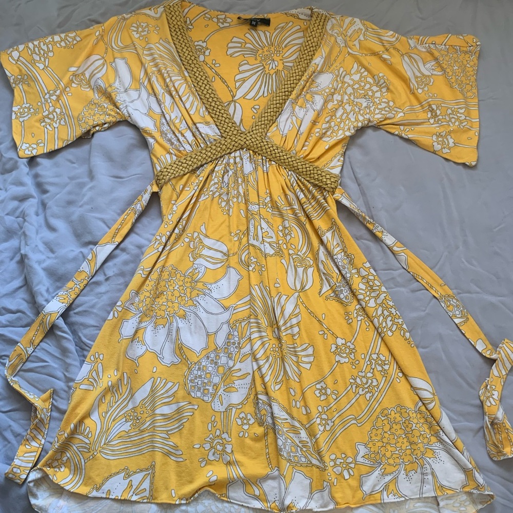 Yellow floral sundress with leather braided edge